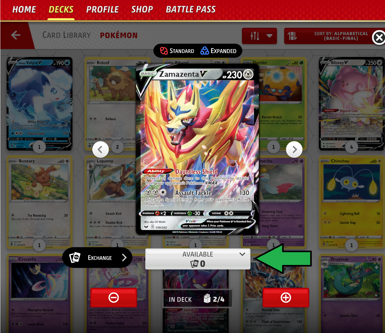 screenshot of the card UI shows an arrow pointing to the available button.