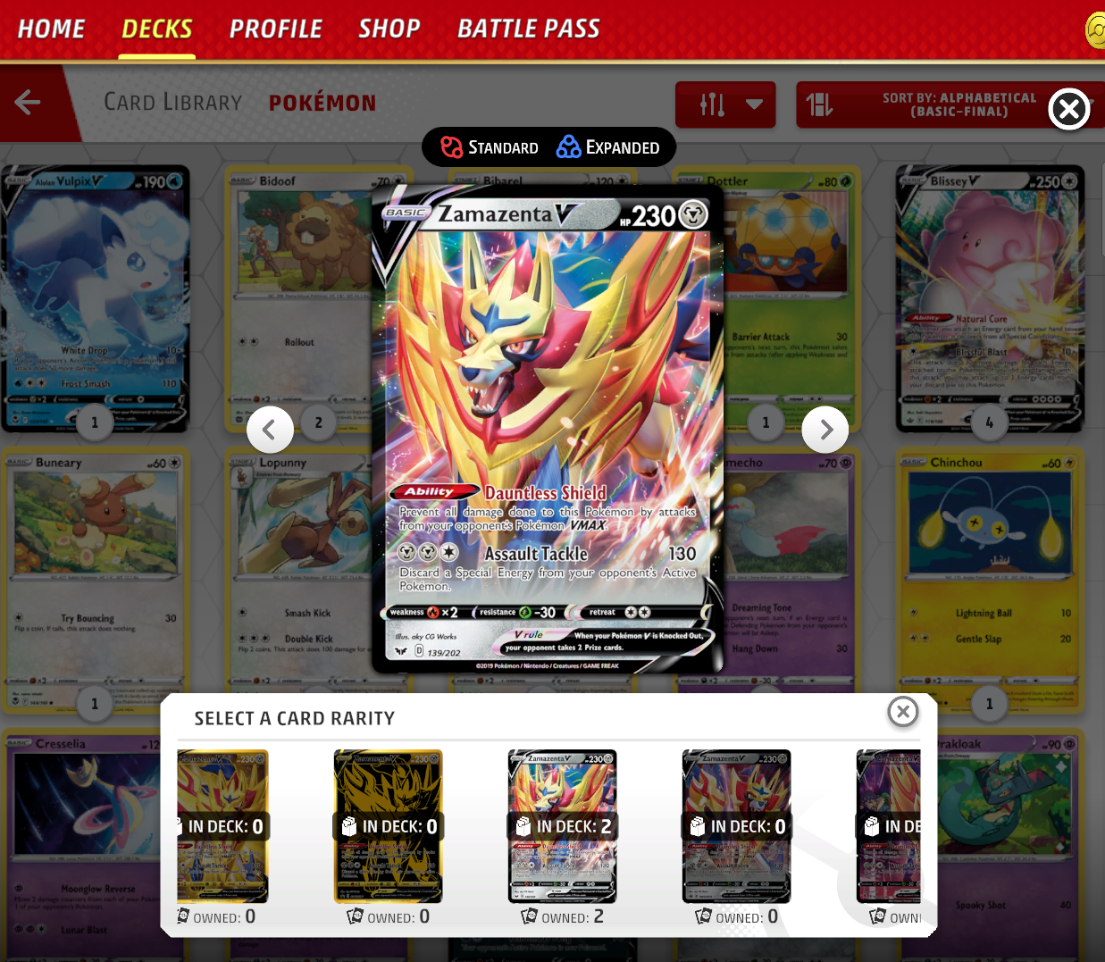 screenshot of the card UI with the variations and rarities of the card displayed.