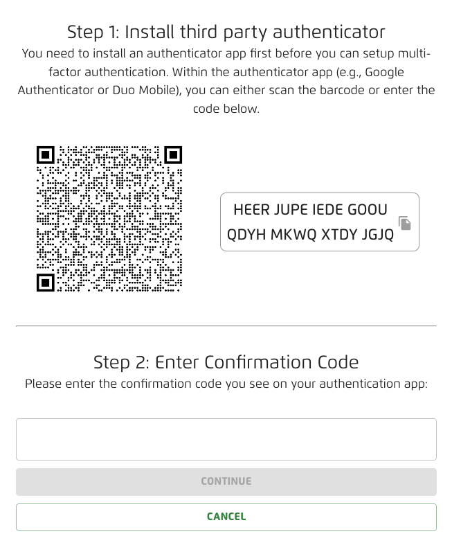 Código QR y código manual de autenticación