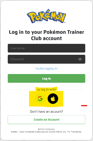Pokémon Trainer Central login page, Apple and Google icons highlighted