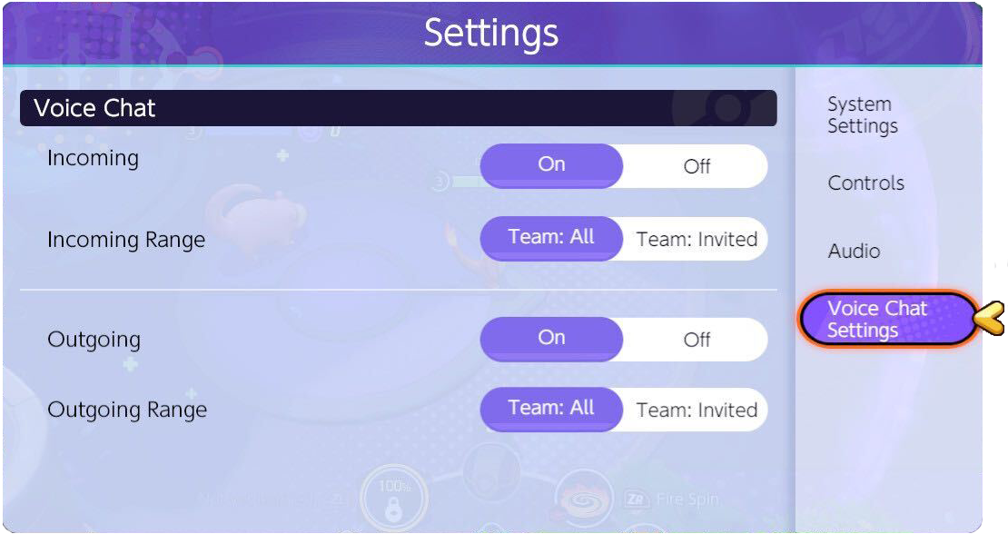 Settings menu displaying voice chat options for Pokémon Unite.