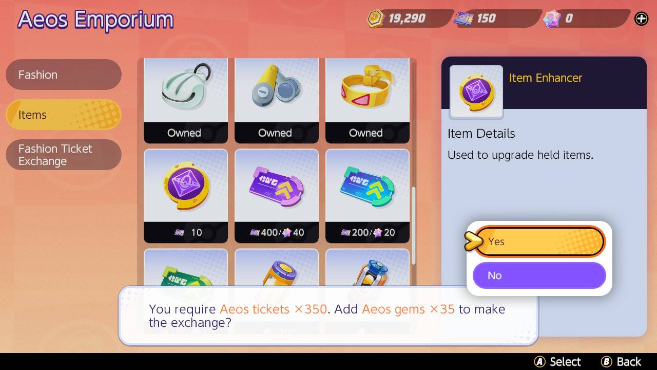 Screenshot displays Aeos Emporium purchase screen with option to complete a purchase with Aeos gems.