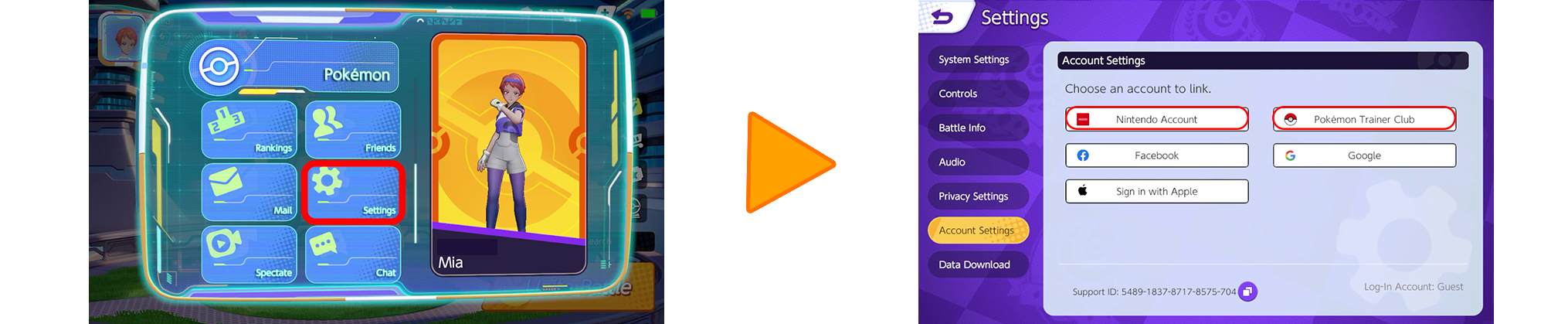 First screenshot shows highlighted 'Settings'button from main menu. An arrow points to next screenshot, which shows highlighted Nintendo Account and Pokémon Trainer Club account buttons under Account Settings menu.